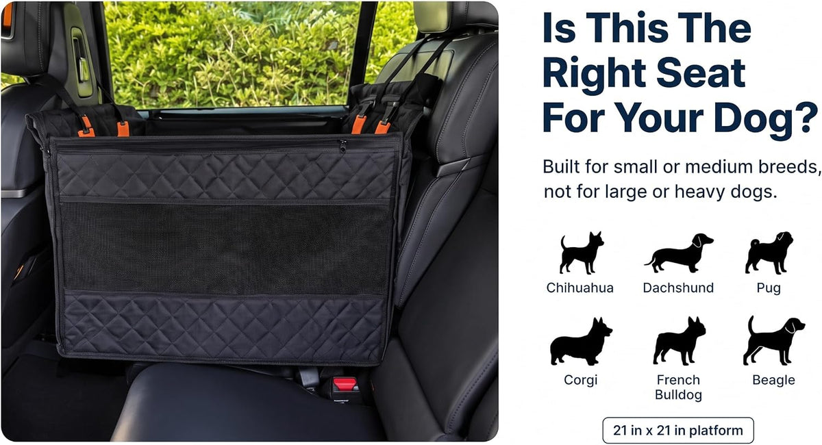 Dog Car Seat for Medium & Small Dogs - Zip-Down Sides & Tether