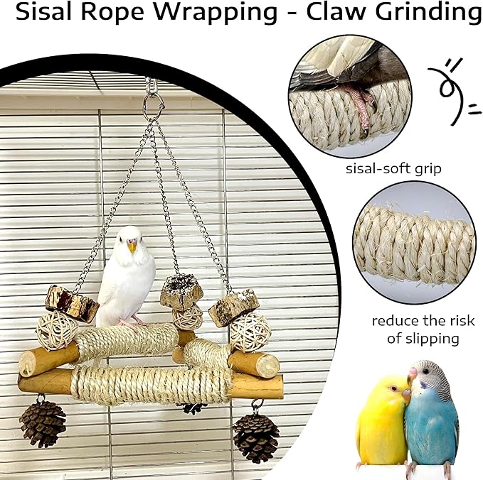 Bird Swing for Cage with Chew Toys, 3 Sisal-Wrapped Parrot Perches & Stable - Image 5