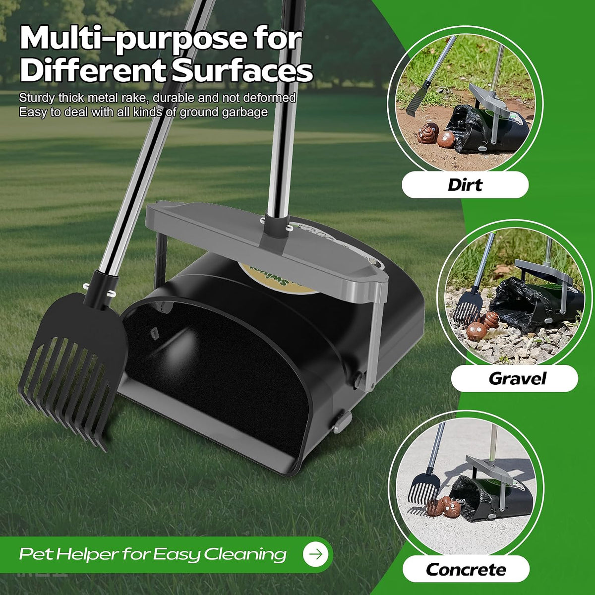 UPSKY 33.4" Dog Pooper Scooper Swivel Bin & Rake Kit with 100 Waste Bags