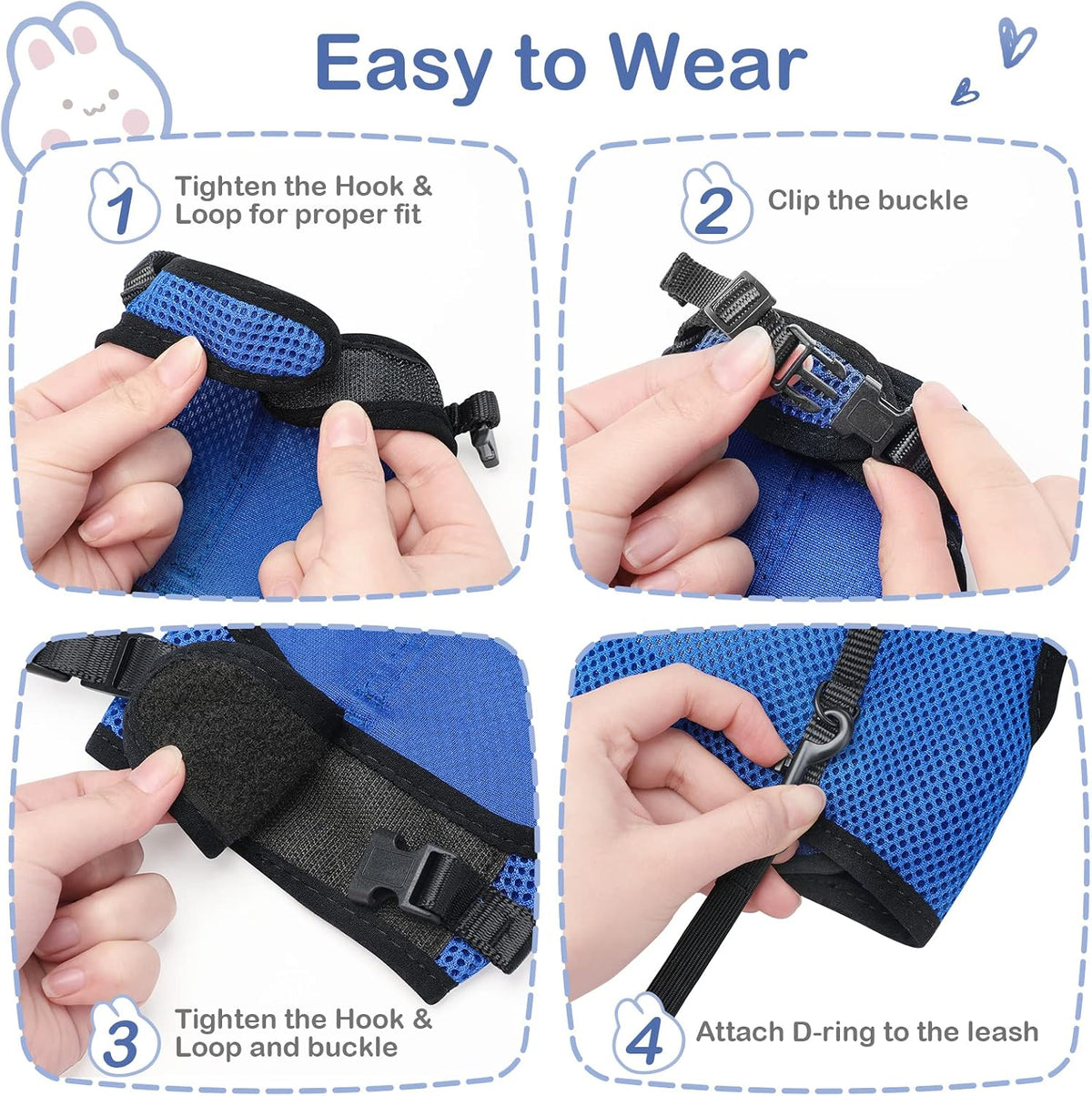 PETTOM Bunny Rabbit Harness with Stretchy Leash Cute Adjustable Buckle Breathable Mesh Vest for Kitten Small Pets Walking (Blue,XS)