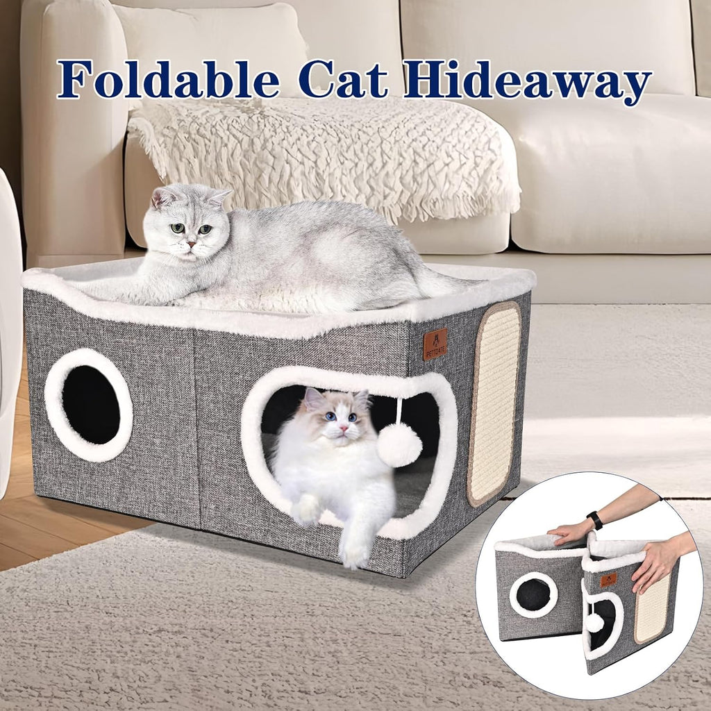 Extra Large Cat Beds for Indoor Cats, Covered Cat Cave Beds & Furniture with Scratch Pad and Fluffy Ball, Foldable Cat Condo Hideaway with Reversible Cushion for Multi Small Pet Large Kittens, Grey