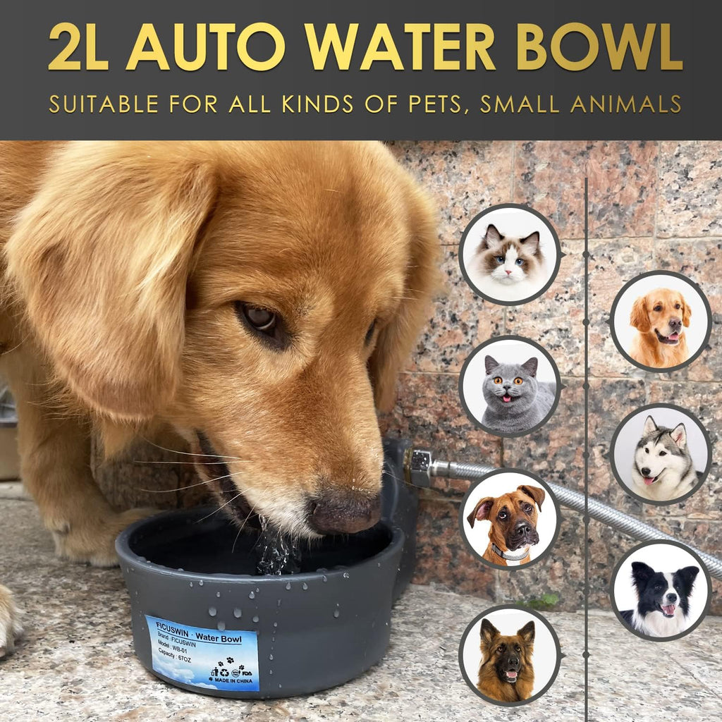 Automatic Dog Water Bowl Dispenser Patented 70OZ Water Dispenser for Dogs 2L Water Bowl Fit 3/4in GHT Male Faucet Outdoor Automatic Water Bowl Include Automatic Water Fill Valve Adapter 5ft Water Hose