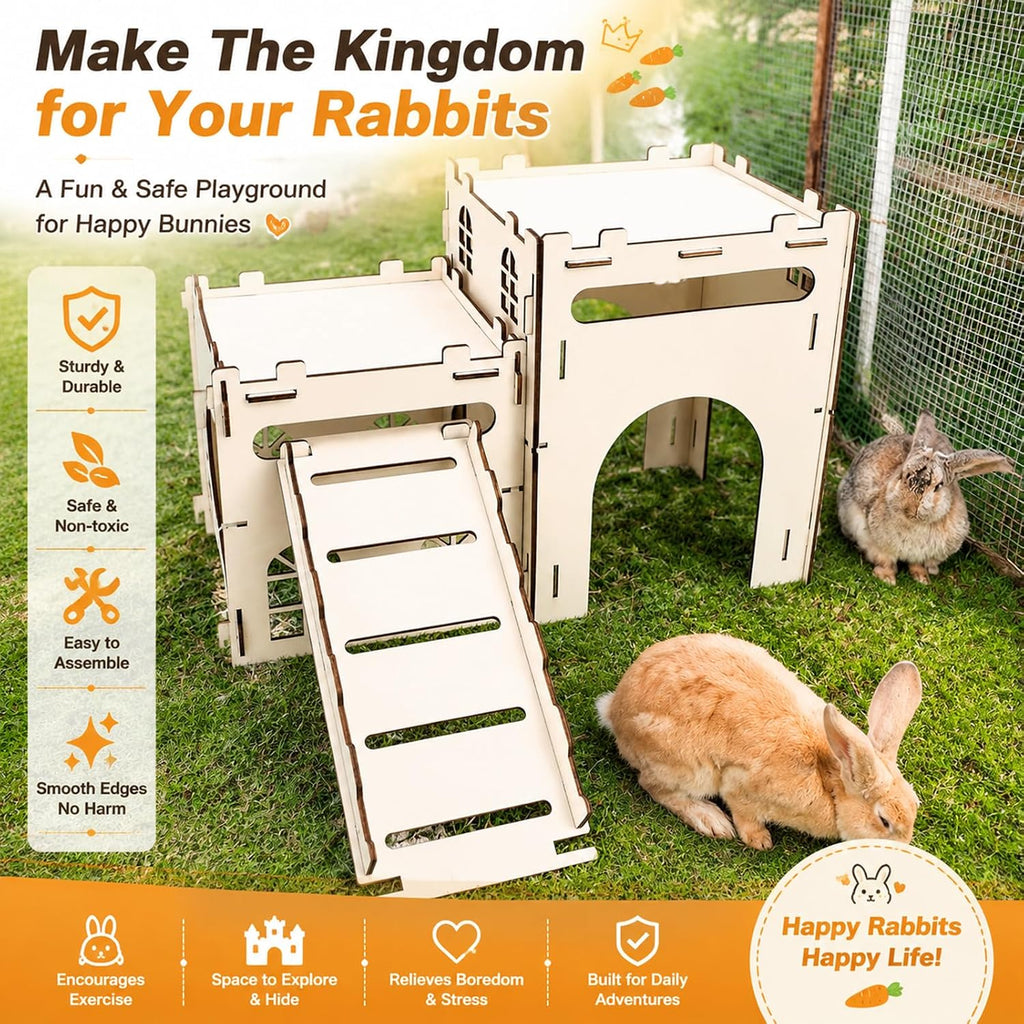 Rypet Large Wooden Rabbit Castle, Bunny Castle Hideout with Stairs