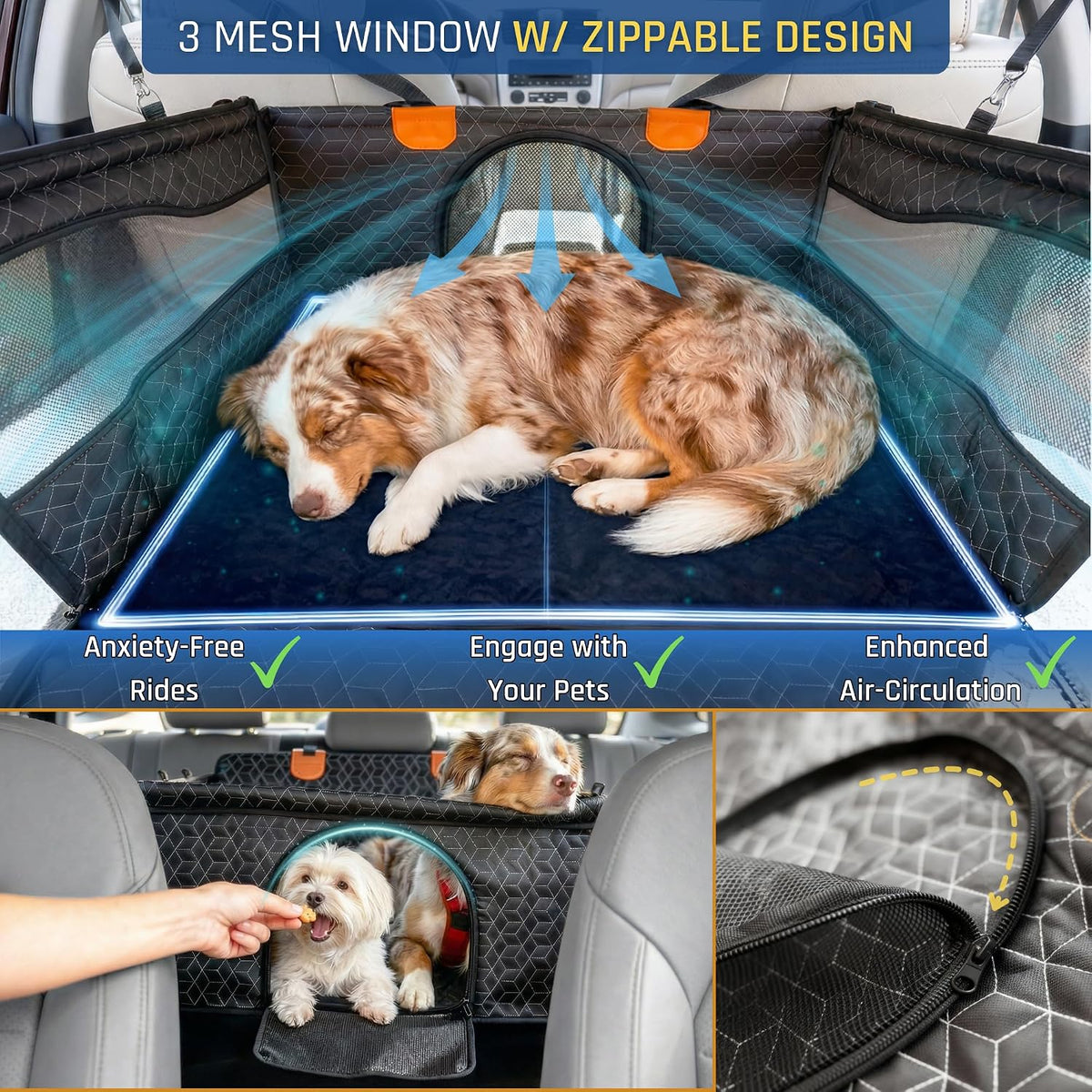 Dog Car Seat for Large Medium Dogs, Back Seat Extender for Pets with Hard Bottom, Waterproof Dog Seat Cover with 3 Mesh Windows, Removable Fleece Mat for Cars SUVs Trucks