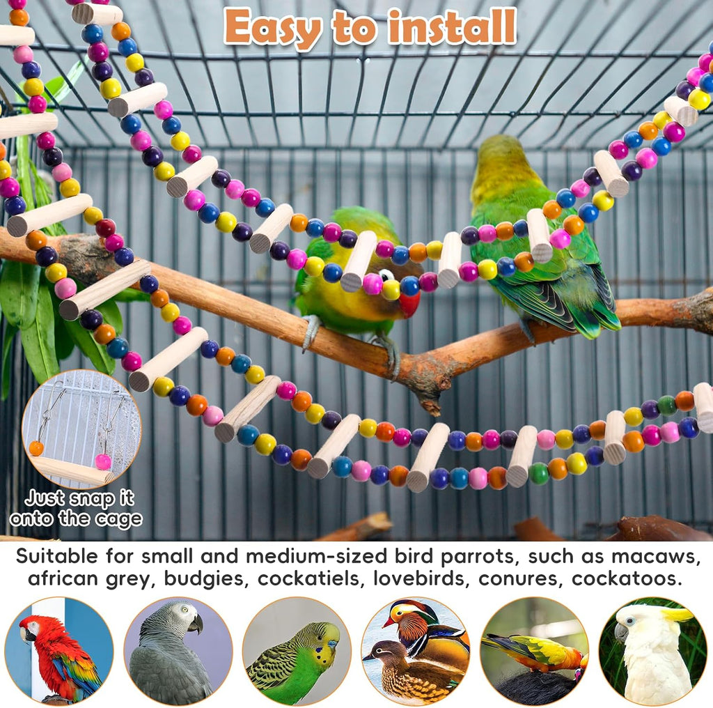 PINVNBY 2 PCS Extra Large Bird Ladder Toys, Wooden Parakeet Swing Toys with Colored Beads, Bird Cage Accessories for Parrot Macaws African Greys Conure Cockatiel (25.6''-10 Steps and 39.3''-18 Steps)