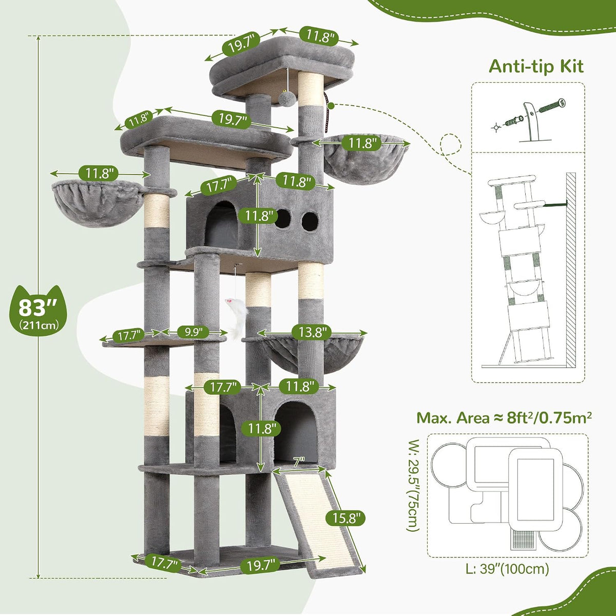 Globlazer 83in Extra Large Maine Coon Cat Tree, F83J, Light Grey