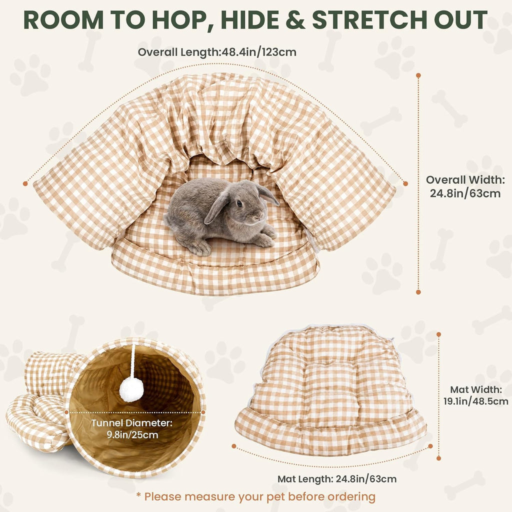 Bunny Tunnel Bed for Indoor Bunnies, 2-in-1 Collapsible Rabbit Tunnel with Removable Mat and Hanging Ball Toys, 46.8in Small Animal Hideout for Rabbits, Guinea Pigs and Ferrets, Yellow Plaid