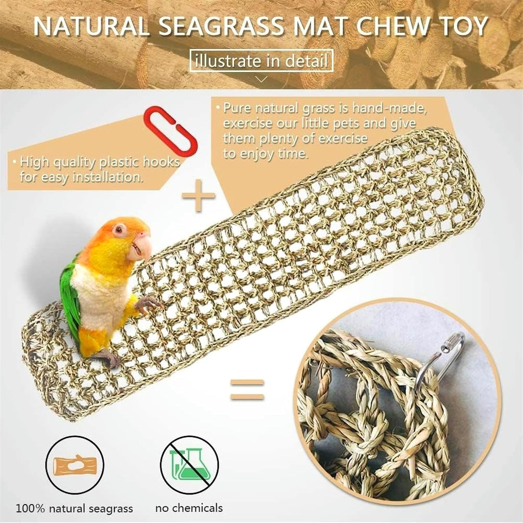 Bird Seagrass Mat 39.4×7" Long Natural Macaw Woven Net Hammock Hanging on Parrot Cage with Hooks Climbing Ladder Swing Chew Toys for Cockatoo Large Parrot Supplies