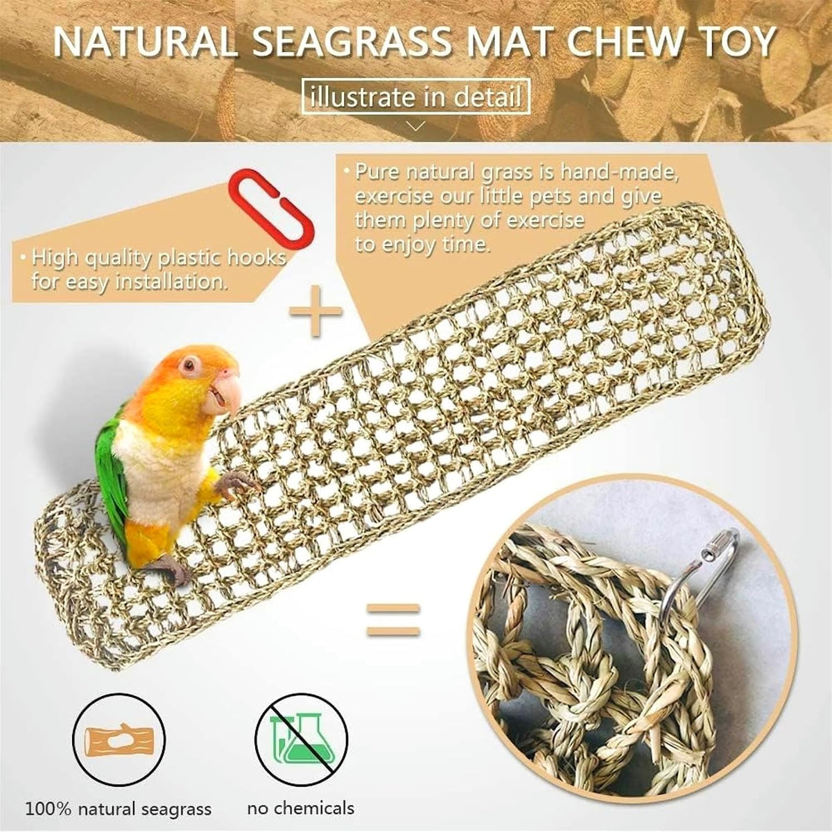Bird Seagrass Mat 39.4×7" Long Natural Macaw Woven Net Hammock Hanging on Parrot Cage with Hooks Climbing Ladder Swing Chew Toys for Cockatoo Large Parrot Supplies