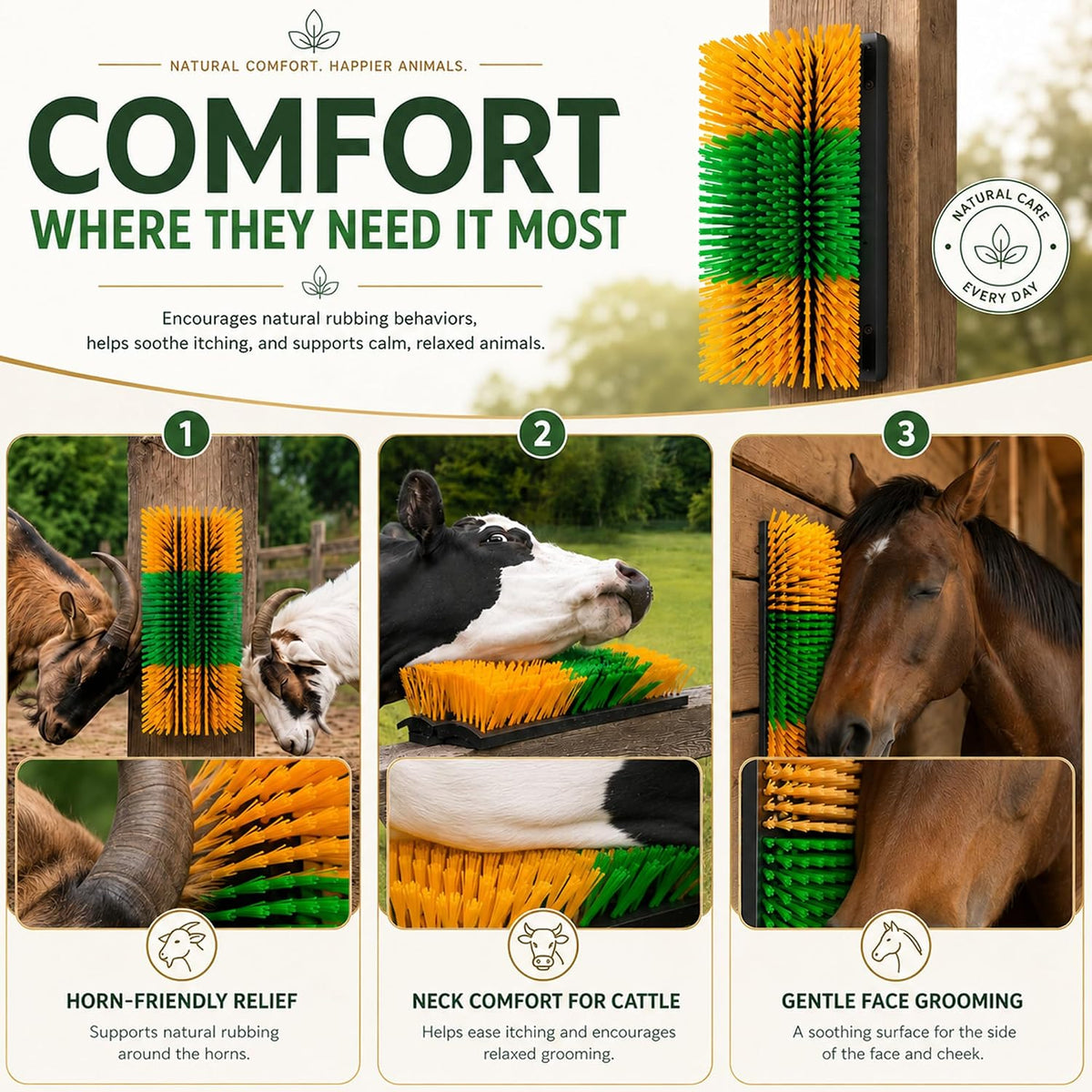 Livestock Scratching Brush 2 Pack for Cattle, Horses and Goats, Bendable Cow Scratcher, Goat Scratching Post and Horse Scratcher with Durable Nylon Bristles and 8 Stainless Steel Screws