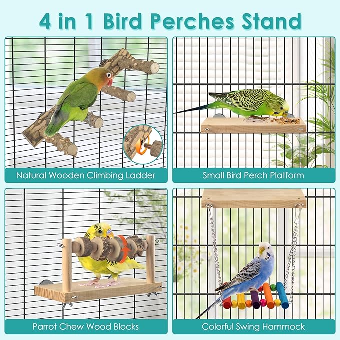 4 Pcs Bird Perch with Swing, Parrot Perches Platform with Chew Blocks, Natural - Image 3