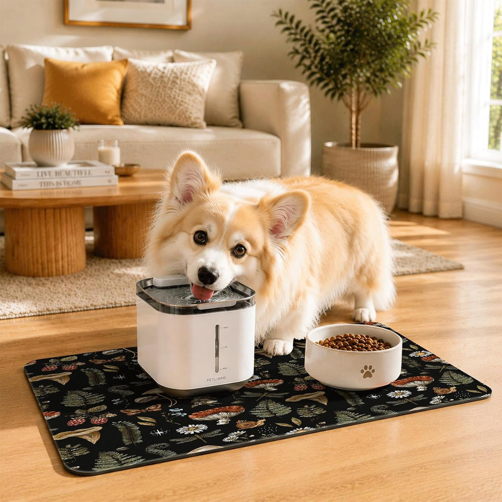 Diatomite Pet Feeding Mat, Absorbent PU Leather Dog Cat Bowl Mat for Smart Fountains Messy Drinkers, Non-Slip Multi-Layer Floor Protector,20x12in(Mushroom Forest Pattern)