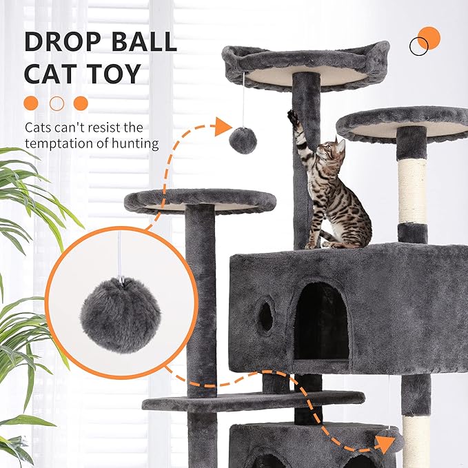 BestPet | 54" Cat Tree Tower | Light Gray | Sturdy, Hanging Cat Toys, - Image 3