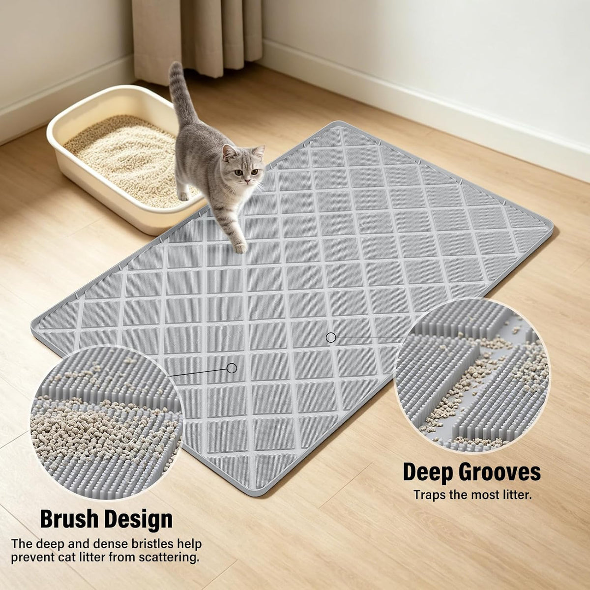 Silicone Cat Litter Mat 34" x 22" Cat Mat for Litter Box with Surface Brush