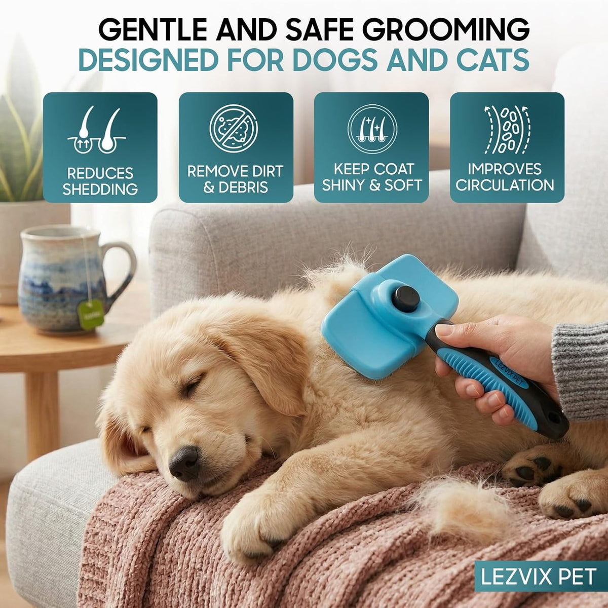Self Cleaning Slicker Brush for Dogs & Cats – Dog & Cat Grooming Brush for Shedding, Deshedding, Undercoat Care & Loose Fur Removal