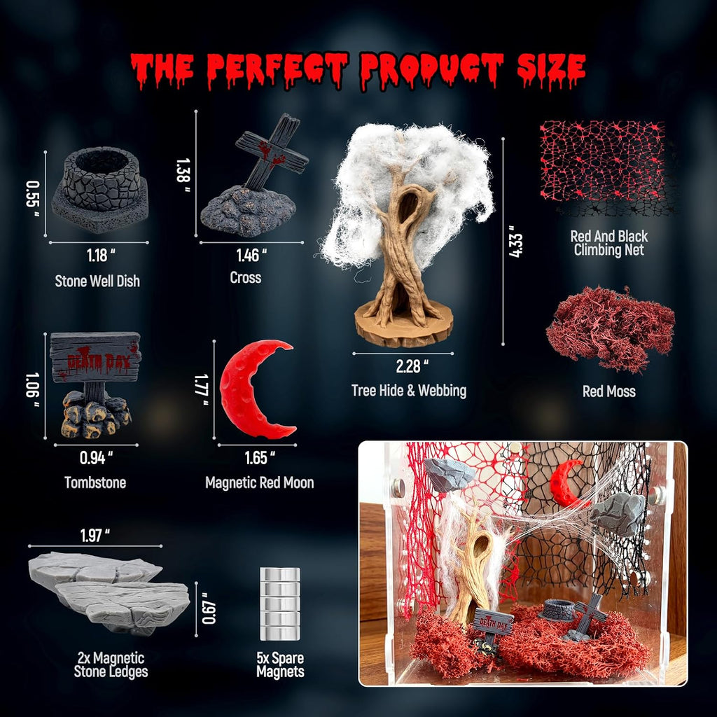 16 Pcs Jumping Spider Habitat Decor Kit - Gothic Tree Trunk Hide with 2 Magnetic Rock Ledges & Red Moon Platform - Spooky Dark Aesthetic Enclosure Accessories, Climbing Net & Moss Set