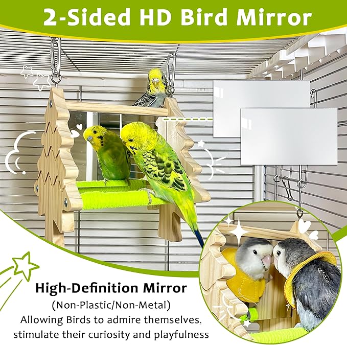 Bird Mirror Toy Perch, 2-Sided Hd Parakeet Mirrors & 2 Cotton-Wrapped Perches - Image 2