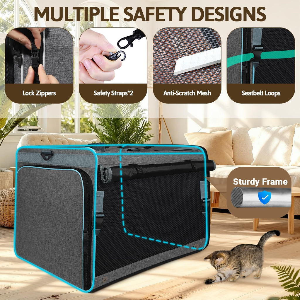 Petskd Side Expandable Extra Large Cat Carrier with Litter Box, Grey
