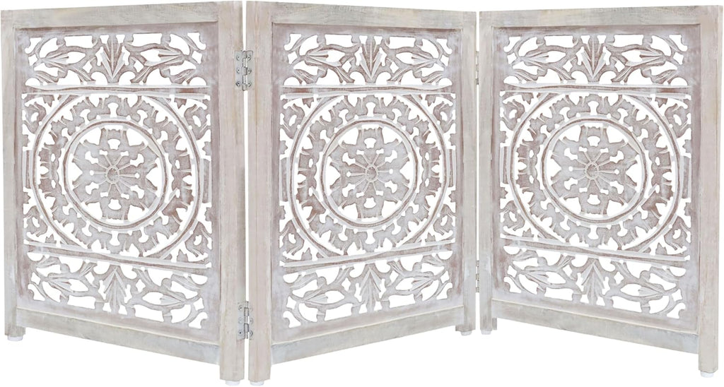 Wooden Foldable Pet Dog Gate - Hand Carved 3-Panel 60 W x 24 H