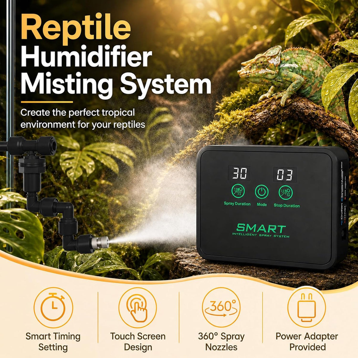 Reptile Mister, Automatic Reptile Misting System with Timer, 360°Adjustable Spray Nozzles, Humidifier for Amphibians Terrariums Rainforest Plants