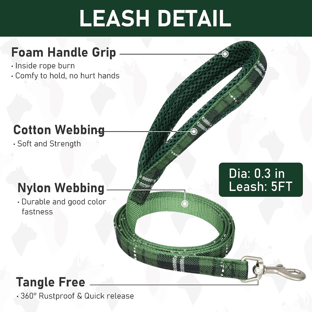 GAMUDA Small Pet Harness Collar and Leash Set, Step in No Chock No Pull Soft Mesh Adjustable Dog Vest Harnesses Plaid Reflective for Dogs Puppy Cats Kitten Rabbit (Green, L)