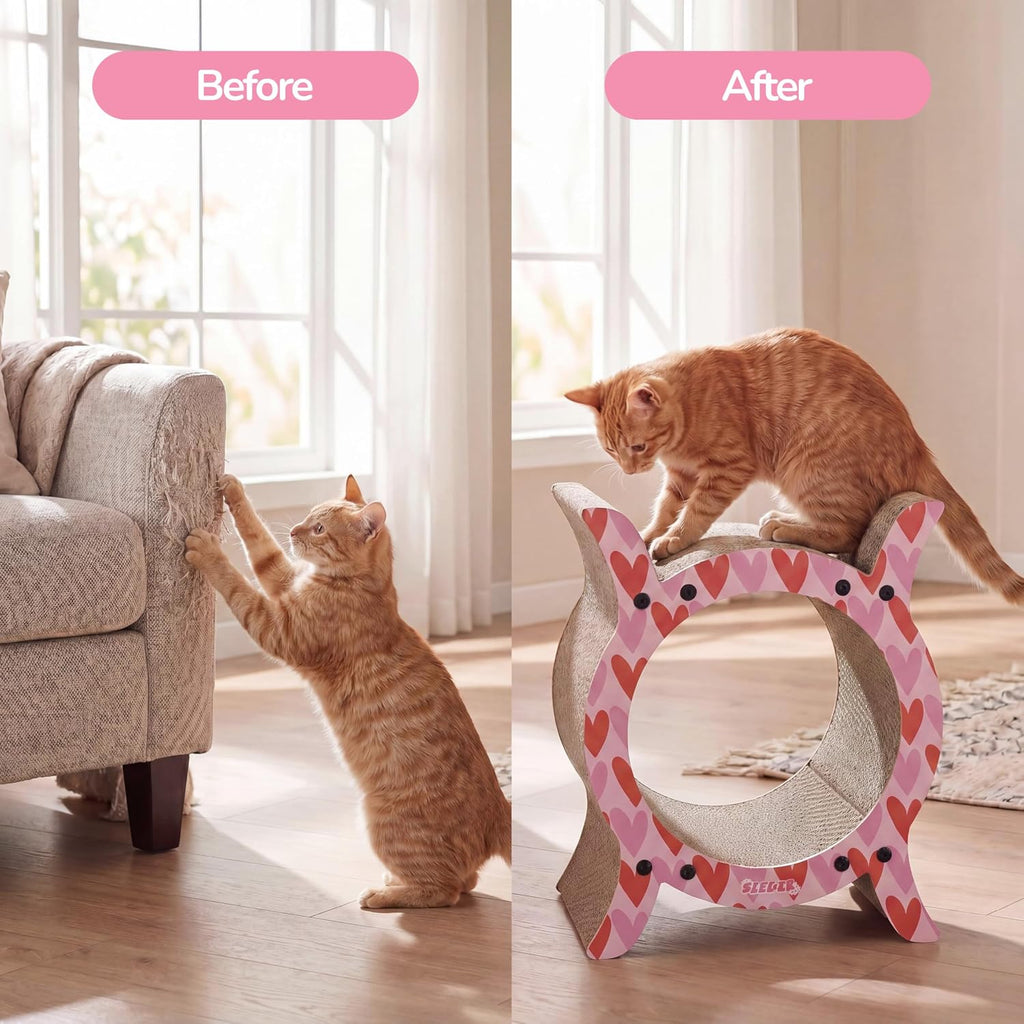 16.5" Nyan Modern Heart Pattern Cardboard Tunnel Cat Scratcher with Catnip, Durable Corrugated Indoor Hideaway Den and House to Protect Furniture, Sanctuary, Pink/Red CSR1007C