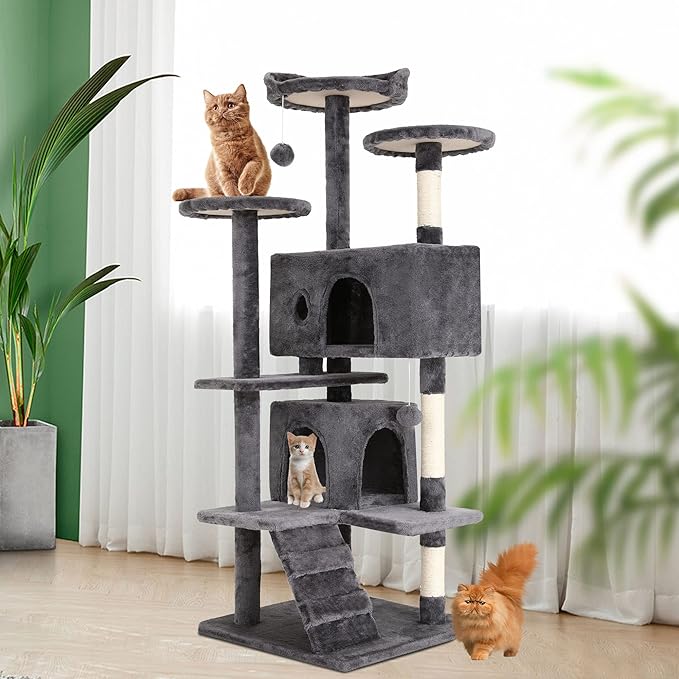 BestPet | 54" Cat Tree Tower | Light Gray | Sturdy, Hanging Cat Toys, - Image 2