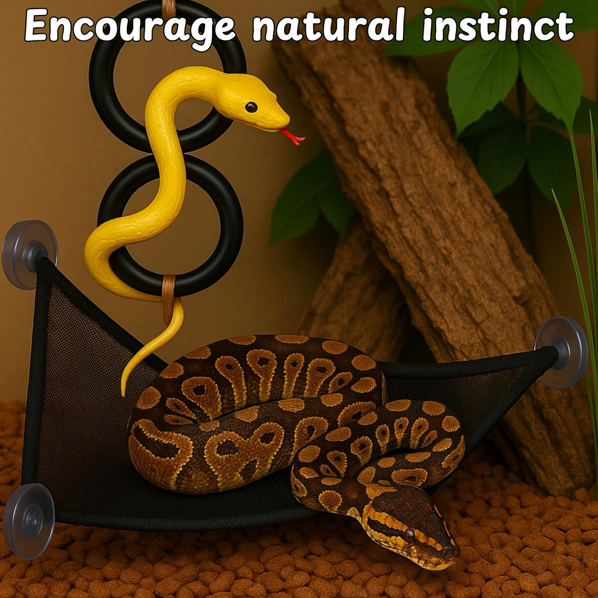 Snake Enrichment Toys Ball with Hammock, Snake Climbing Accessories and Hammock for Ball Python, Small Jungle Gym Ladder Toy, Reptiles Climbing Toy Hammocks, Snakes Tank Accessories (Black Ring, L)
