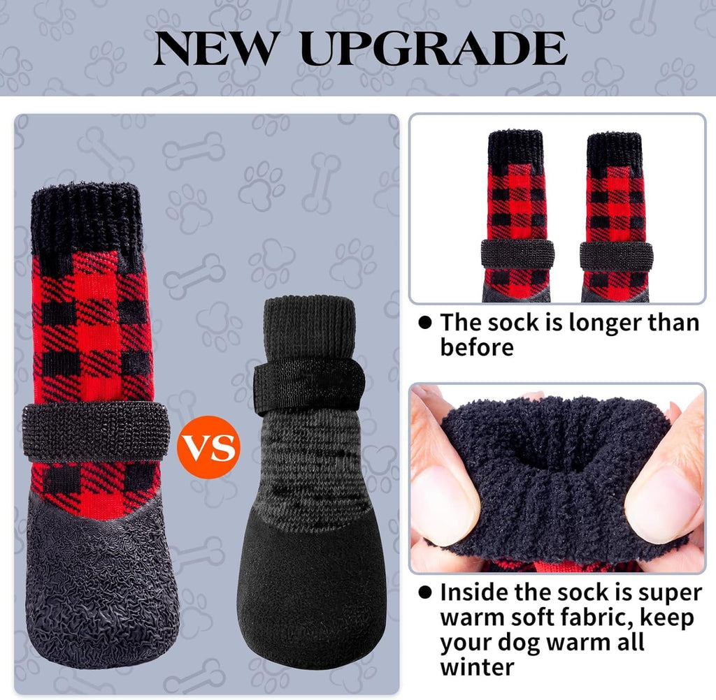 BINGPET Anti-Slip Dog Socks, Waterproof Plaid Dog Paw Protector with Adjustable Straps, Thick Fleece Padded Warm Pet Doggy Socks for Cold Weather Winter
