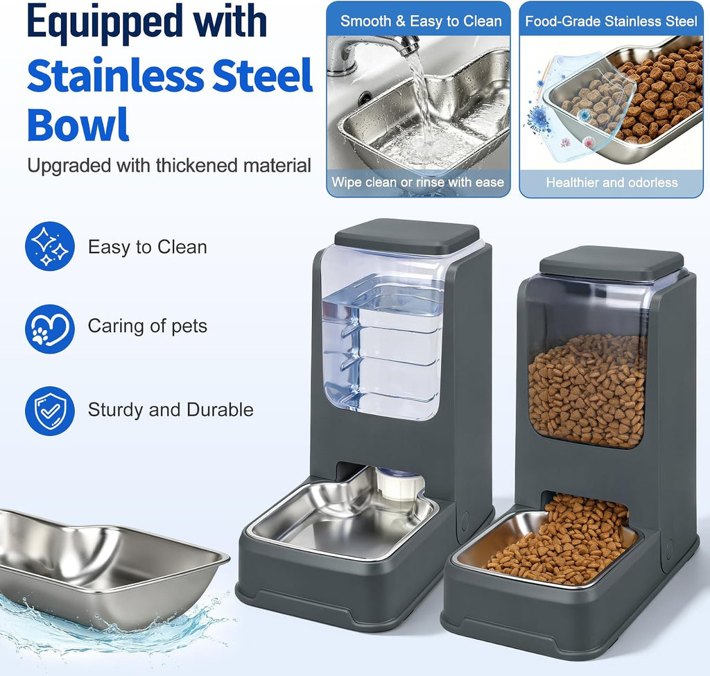 Automatic Cat Feeder and Water Dispenser Set with Dog Stainless Steel Feed Bowl Pet Gravity Self Feeding and Waterer Large Capacity for Small Medium Large Dogs Puppy Kitten 2 Pack Grey