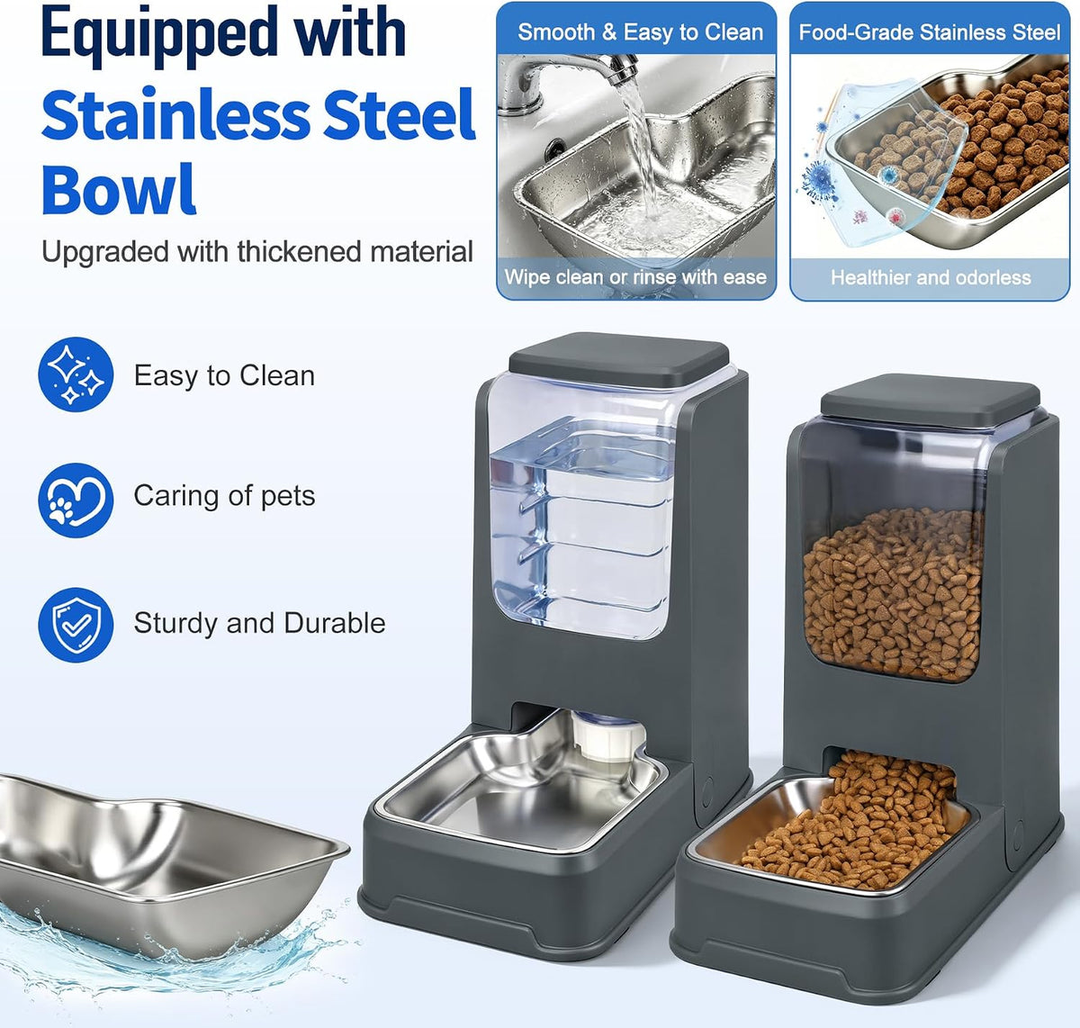 Automatic Cat Feeder and Water Dispenser Set with Dog Stainless Steel Feed Bowl Pet Gravity Self Feeding and Waterer Large Capacity for Small Medium Large Dogs Puppy Kitten 2 Pack Grey
