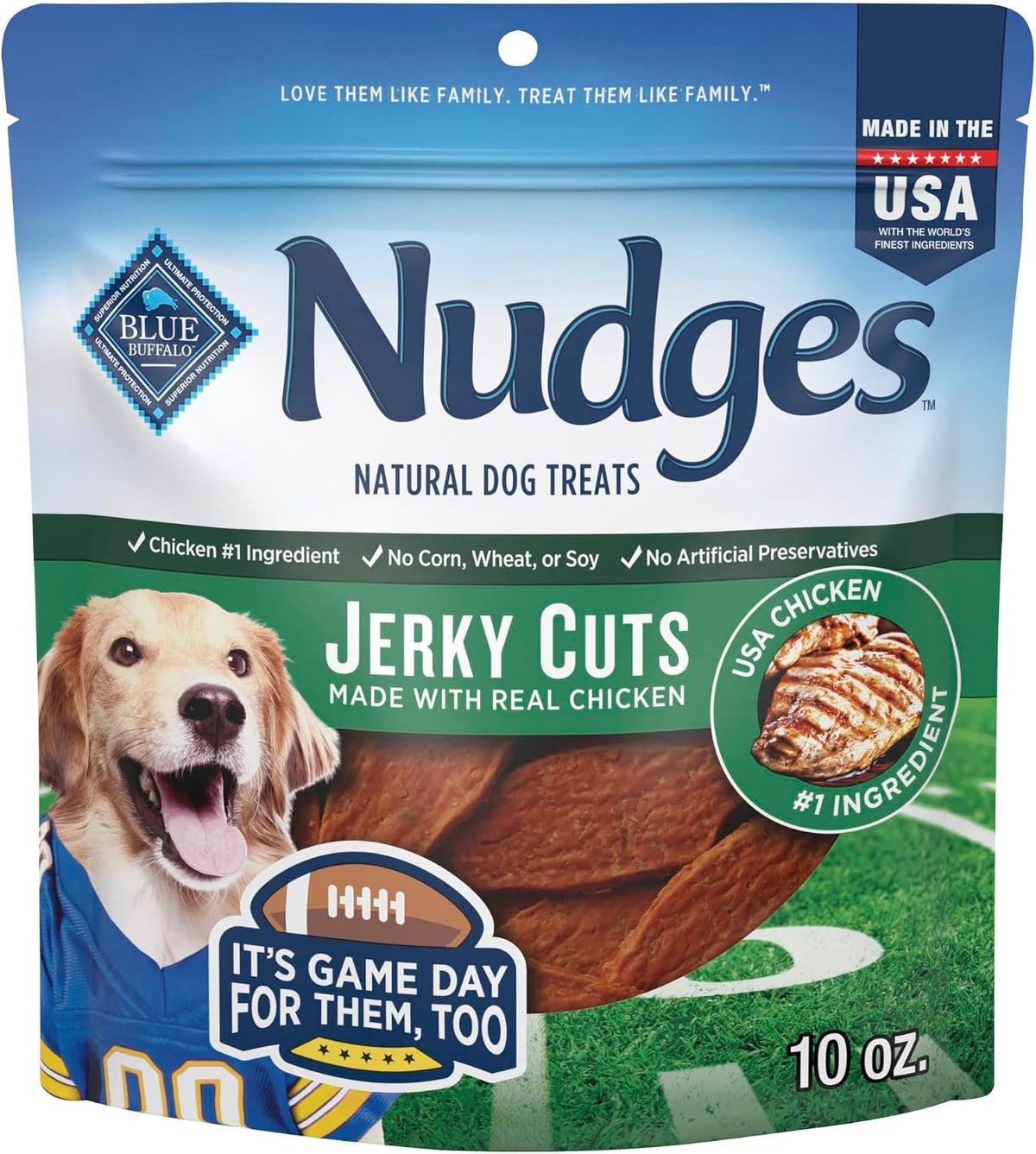 Blue Buffalo Nudges Jerky Cuts Natural Game Day Football Dog Treats, Chicken Jerky, Made with Real USA Chicken, 10oz Bag