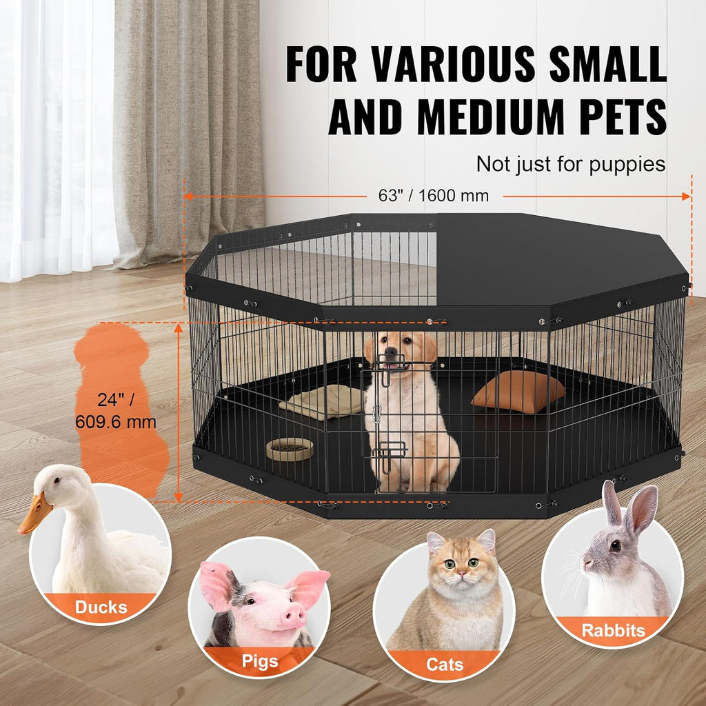 VEVOR 24" Dog Playpen, 8-Panel Foldable Metal Pet Pen with Top Cover & Pad
