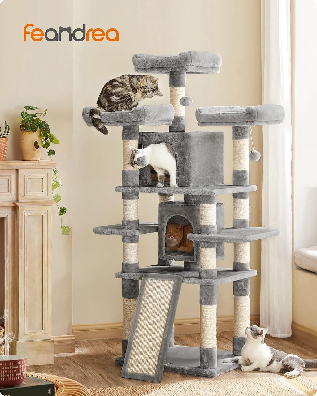Feandrea 67.7-Inch Multi-Level Cat Tree for Large Cats, with Cozy Perches