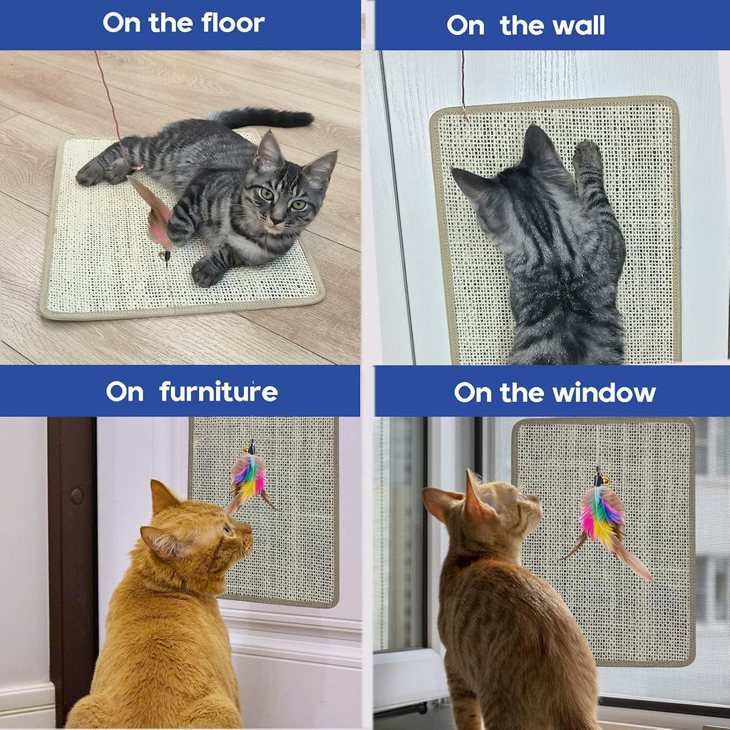 Cat Nail File Scratcher - Natural Sisal Scratch Mat with 80-Grit Aluminum Oxide, Adhesive Sheets & Expansion Screws for Secure Wall/Floor Mounting, Ideal for Trimming Cat Claws (16.53"x13.38")