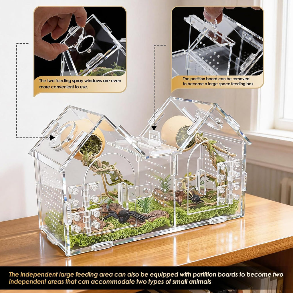 Jumping Spider Enclosure, Acrylic Terrarium with Partition Divider (1-2 Compartments), Dual Magnetic Doors & All-Side Ventilation, Jumping Spiders, Tarantulas, Mantis, GeckosHabitat, 9.6x4.2x5.8