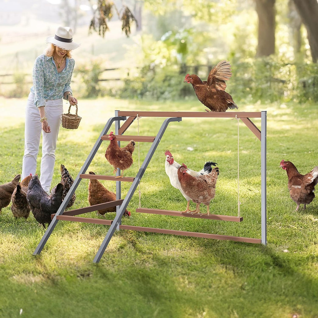 PETSFIT Chicken Perch, Solid Wood & Rustproof Iron Roosting Bar with Swing