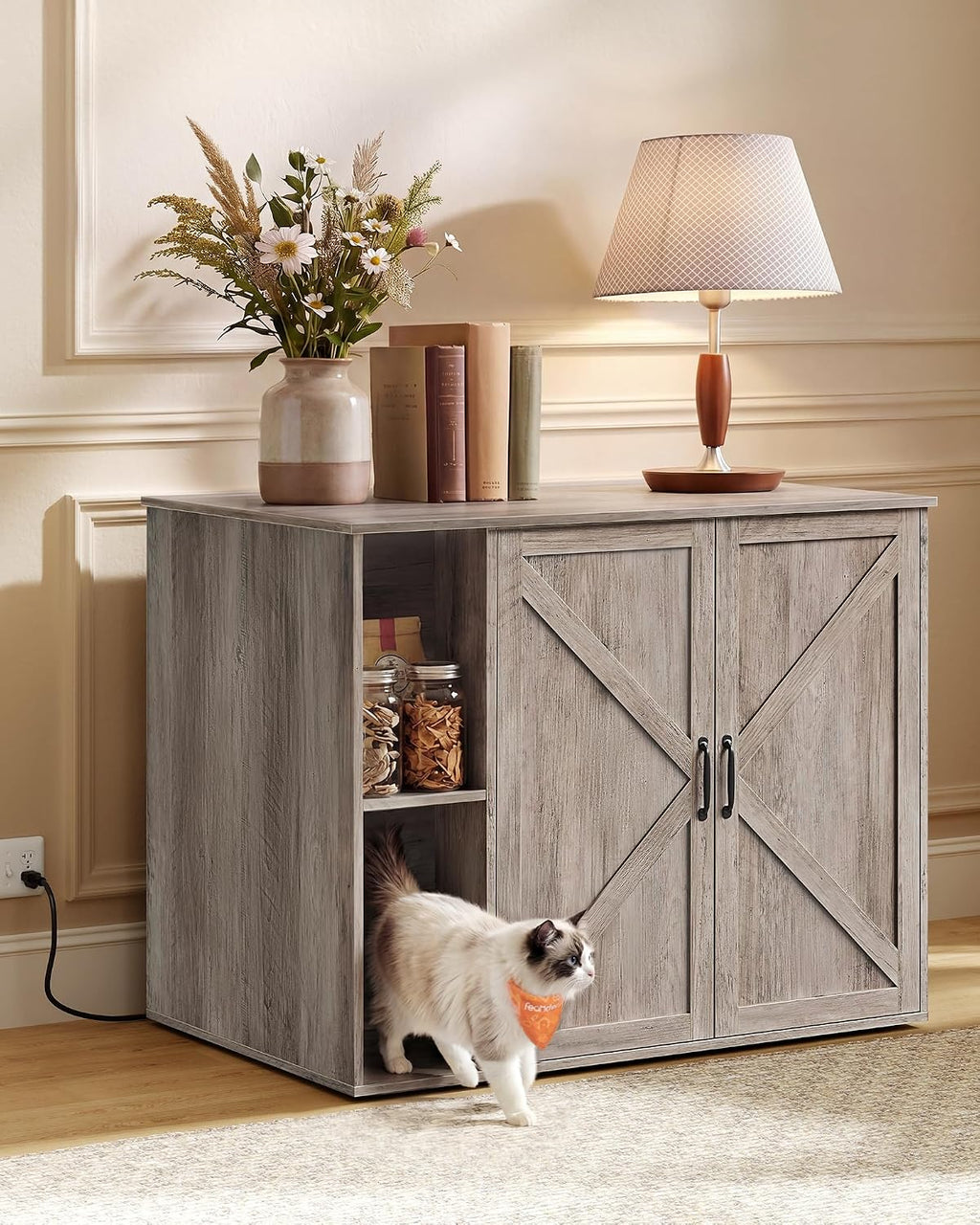 Feandrea Cat Litter Box Enclosure, Hidden Cat Washroom with Power Outlet