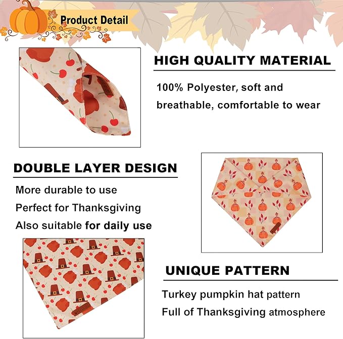 ADOGGYGO Thanksgiving Dog Bandanas 2 Pack, Reversible Turkey Pumpkin Pet Scarf - Image 5