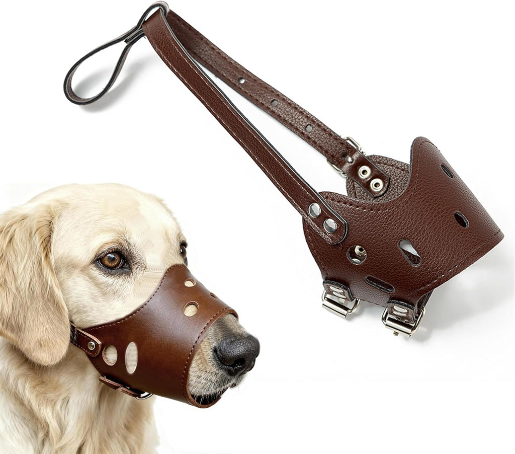 Soft PU Leather Dog Muzzles for Small Medium Large Dogs,Ajustable Breathable Dog Mouth Guard Cover to Prevent Biting Barking Chewing (Brown, 3#M)