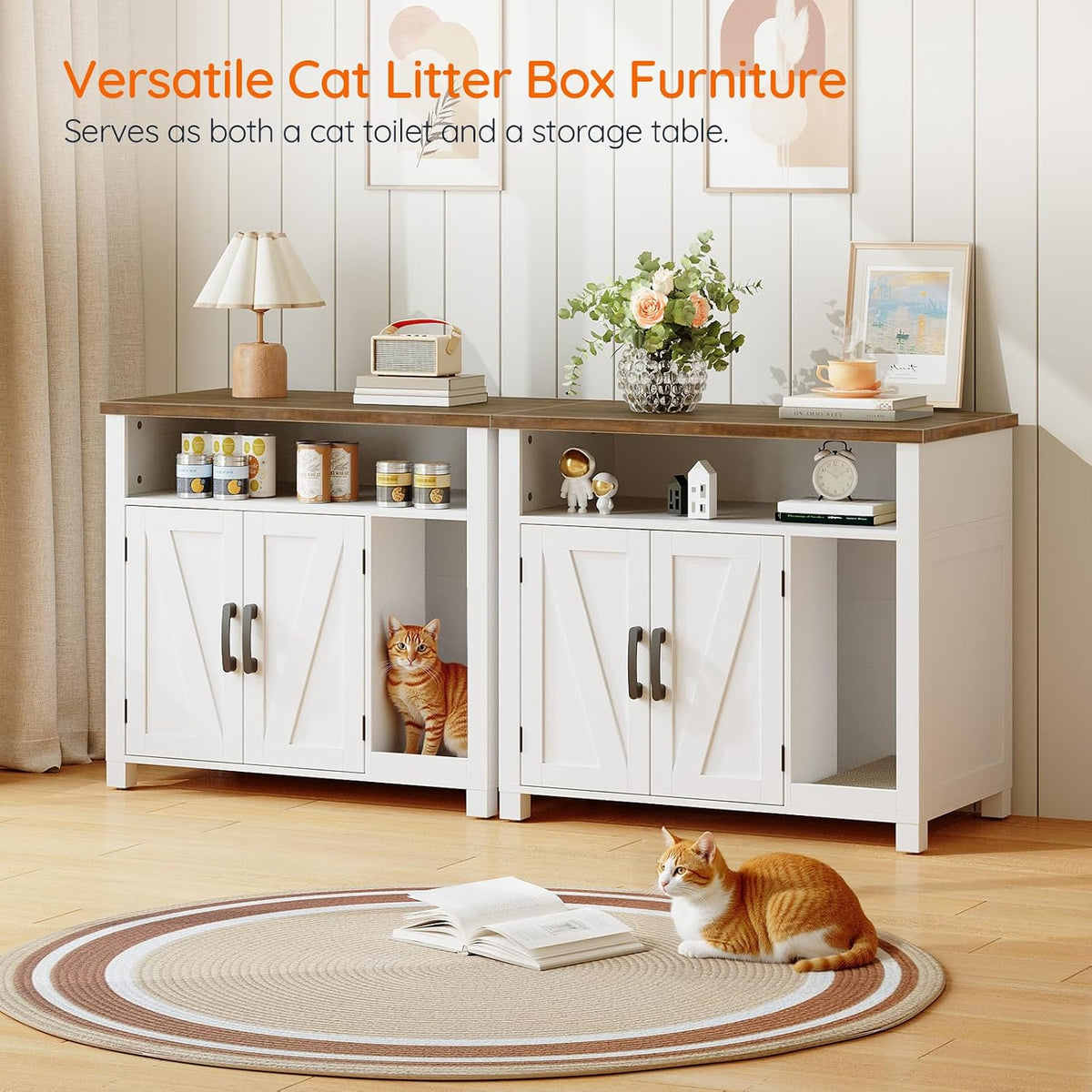 HOOBRO Cat Litter Box Enclosure, Farmhouse Hidden Litter Box with Scratch Pad, Litter Box Furniture with Storage Layer, End Side Table,White and Walnut, WH24MW01