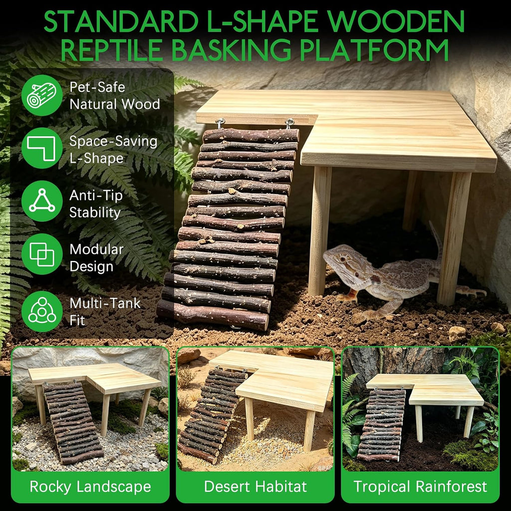 BNOSDM Wooden Basking Platform with Climbing Ramp Reptiles Hideout Bearded Dragon Hide Cave Reptile Tank Accessories Suit for Tortoise, Lizard, Toad, Gecko (L-Shaped)