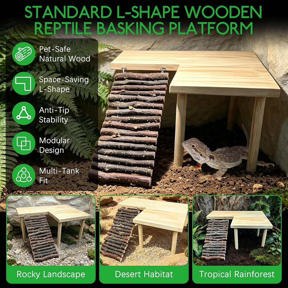 BNOSDM Wooden Basking Platform with Climbing Ramp Reptiles Hideout Bearded Dragon Hide Cave Reptile Tank Accessories Suit for Tortoise, Lizard, Toad, Gecko (L-Shaped)
