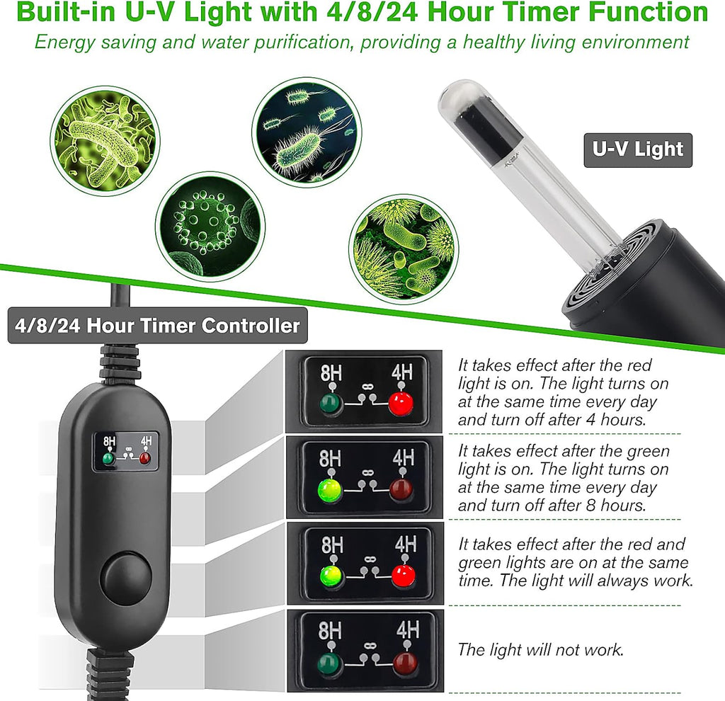 hygger 4-in-1 Submersible U-V Filter Pump, Internal Green Water Killer with Timer, 210GPH 8W Adjustable Fish Tank Filter, Increase Oxygen for 40-80 Gallon Aquarium Tank