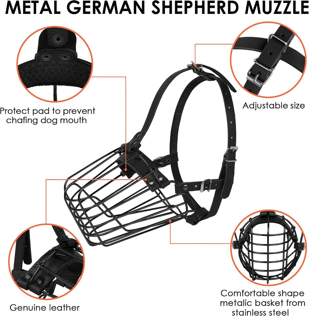 German Shepherd Dog Muzzle Metal Basket for Medium Large Dogs Adjustable Durable Leather Straps Secure Wire Mask for Biting Chewing Barking (Black, L - Size)