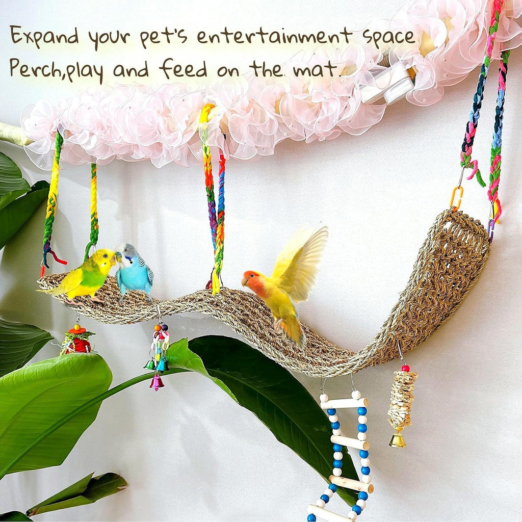 Bird Seagrass Mat 39.4×7" Long Natural Macaw Woven Net Hammock Hanging on Parrot Cage with Hooks Climbing Ladder Swing Chew Toys for Cockatoo Large Parrot Supplies