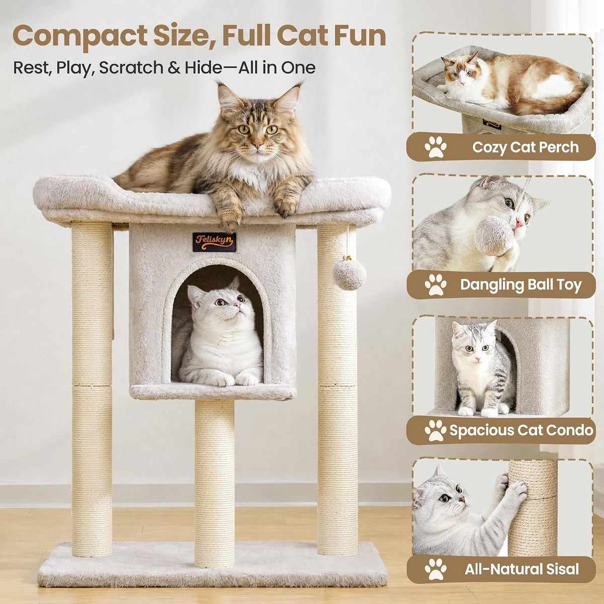 Cat Tree Tower Scratching Post for Indoor Large Adult Cats with Perch Bed