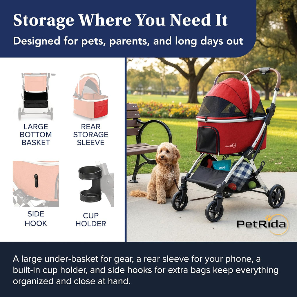 Dog Stroller with Detachable Carrier for Small Dogs & Cats, Red