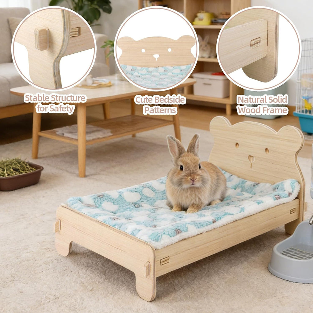Wooden Bunny Bed with Soft Mat, Cute Pet Bed for Rabbits, Cats, Guinea Pigs Puppy Hamster Small Animal Sleeping, Cozy Warm 19.5"x 15.5" Suitable for Pets Under 20 lbs