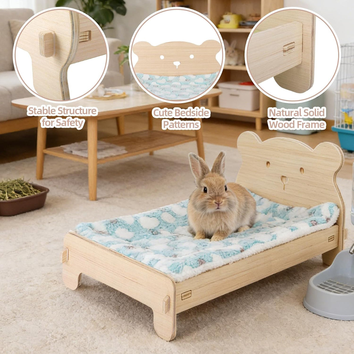 Wooden Bunny Bed with Soft Mat, Cute Pet Bed for Rabbits, Cats, Guinea Pigs Puppy Hamster Small Animal Sleeping, Cozy Warm 19.5"x 15.5" Suitable for Pets Under 20 lbs